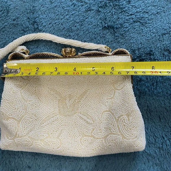 Vintage Women's Handbag Made In Japan Ivory White Italian Bead Purse Clasp - Picture 11 of 16